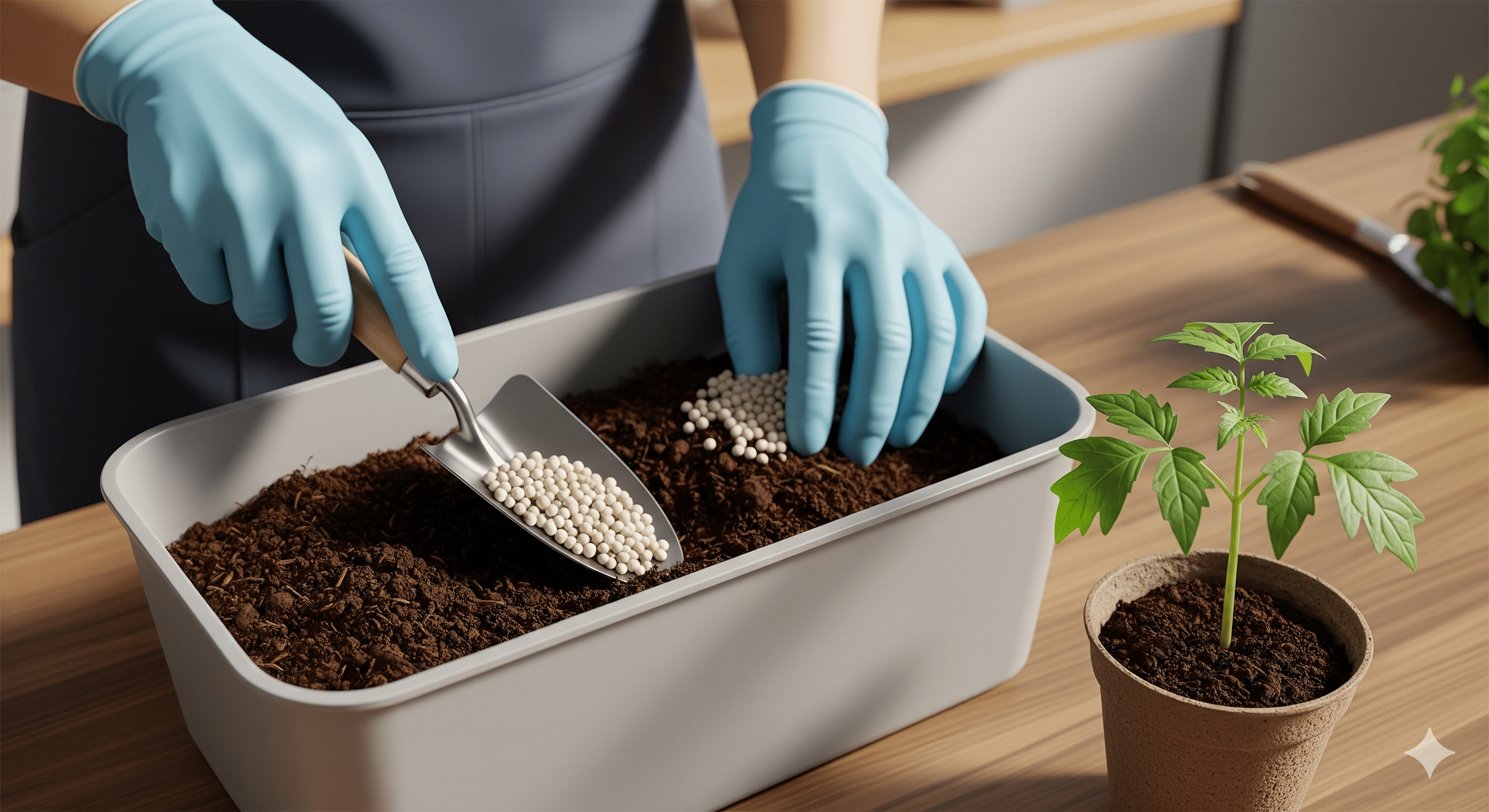 鉢植えの土に元肥を混ぜ込む様子。