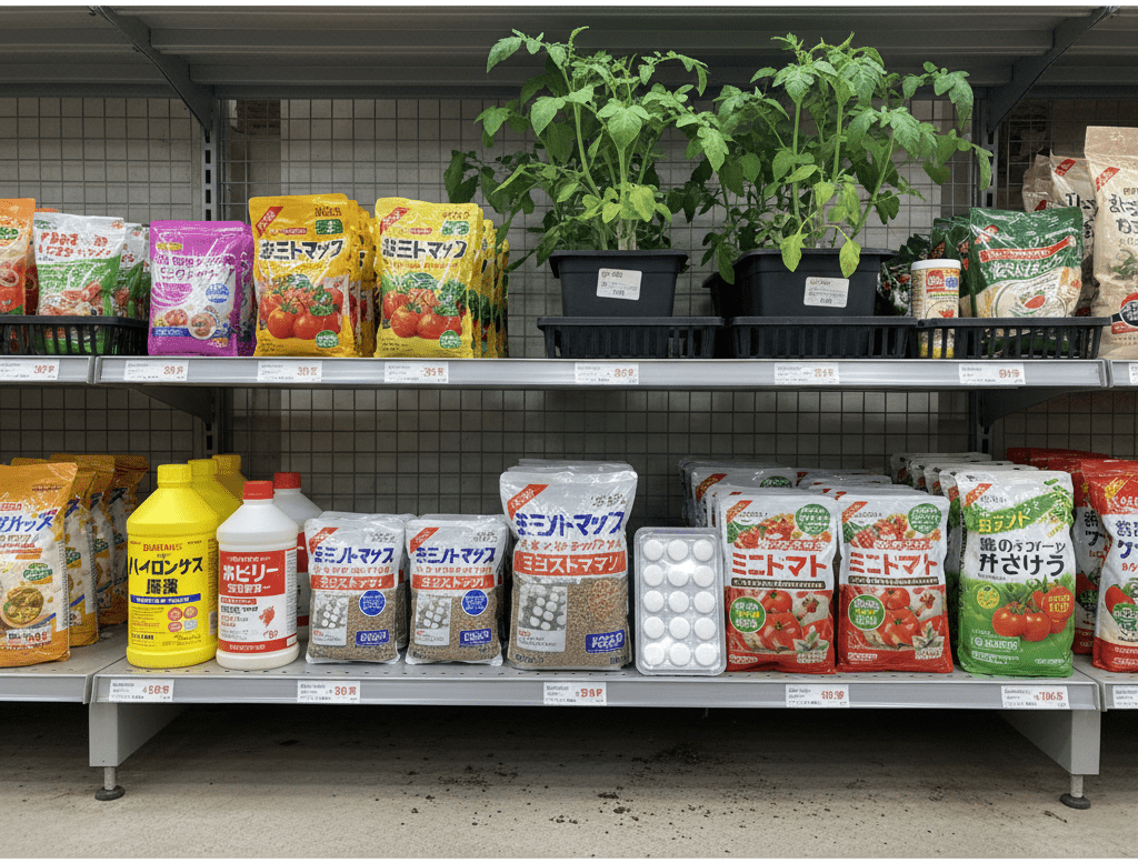 さまざまな種類の肥料が並べられた様子。